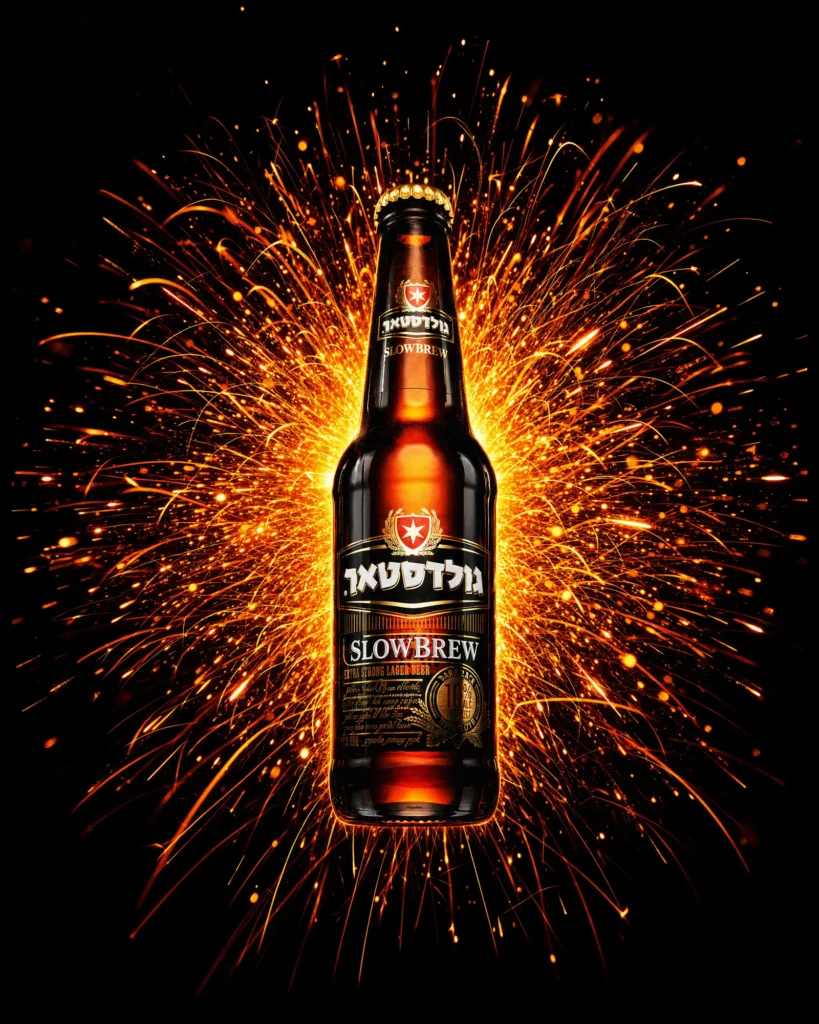 Beer bottle at the centre of an orange spark burst