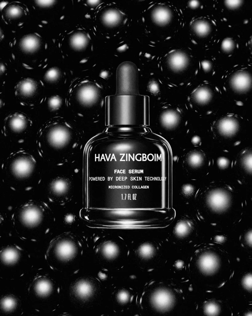 Black serum bottle against a field of glossy dark spheres