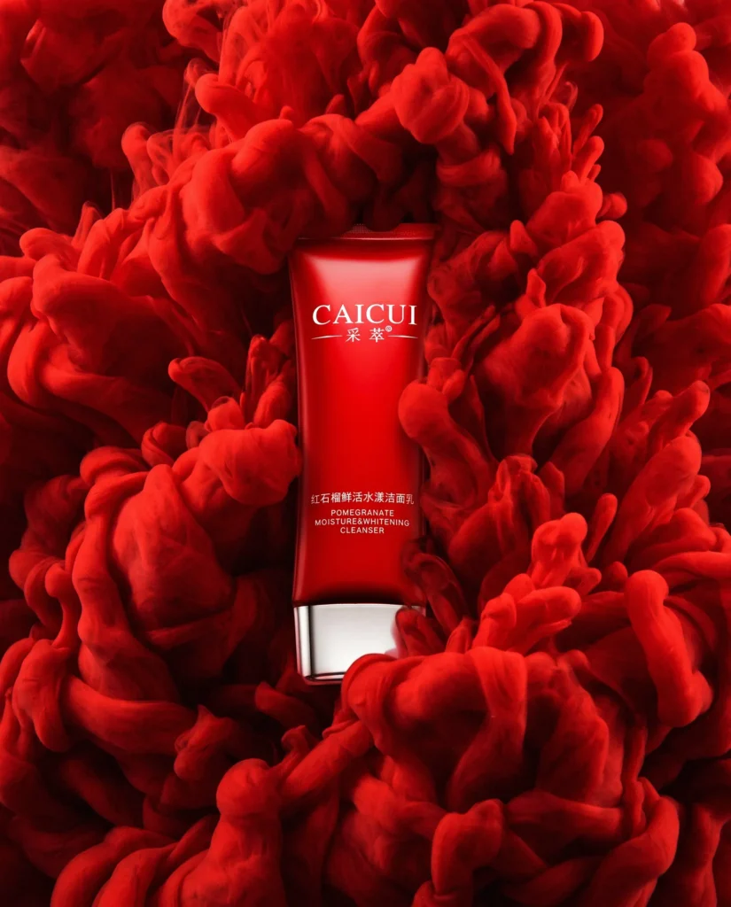 Red cleanser tube inside a billow of red smoke