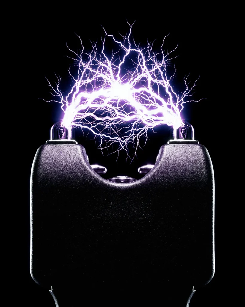 Black case arcing with violet lightning on a dark ground