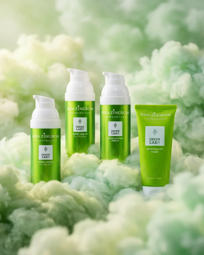 Four green skincare products floating in pale green cloud