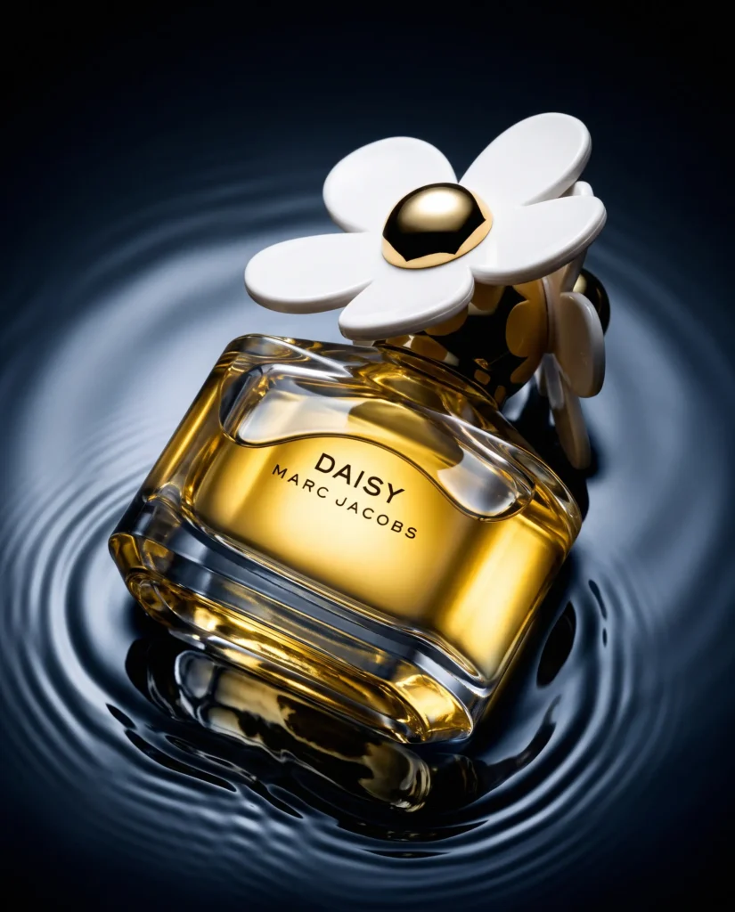 Gold perfume flask with a daisy stopper in a water ripple