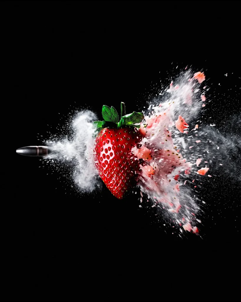 Strawberry breaking apart on impact in a burst of white powder