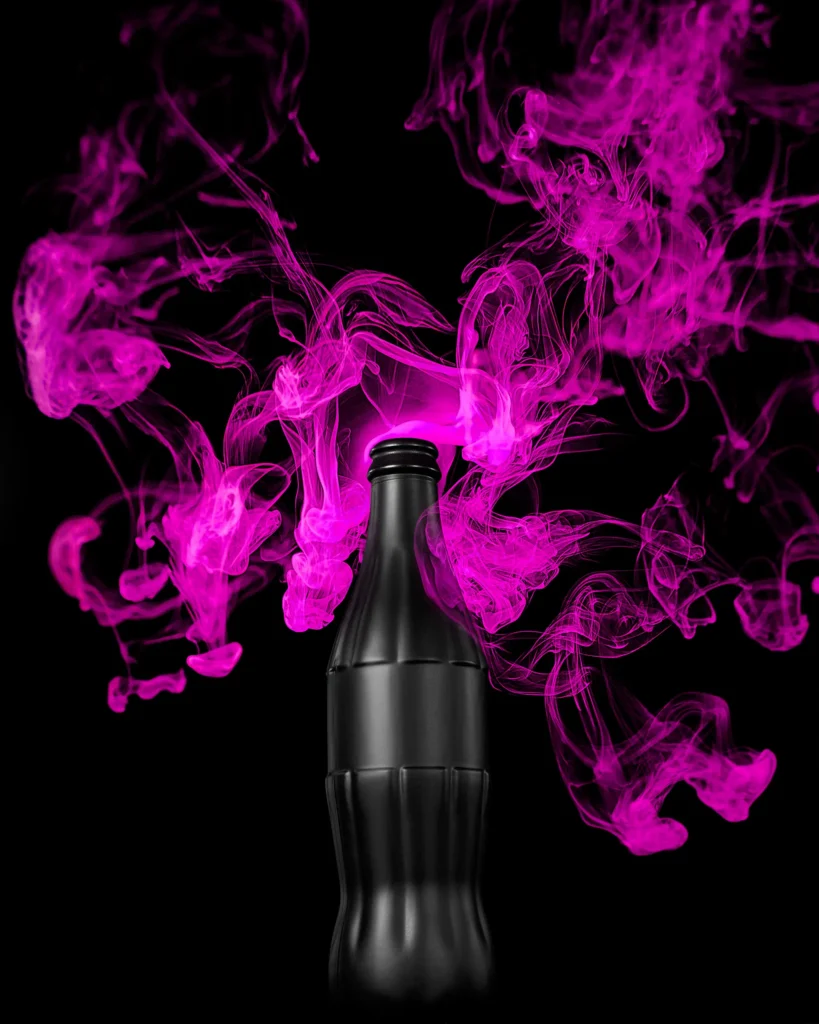 Matte black bottle wreathed in magenta smoke