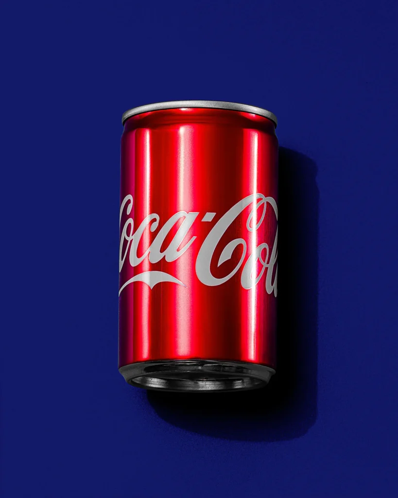Red soft-drink can lying on a deep blue surface