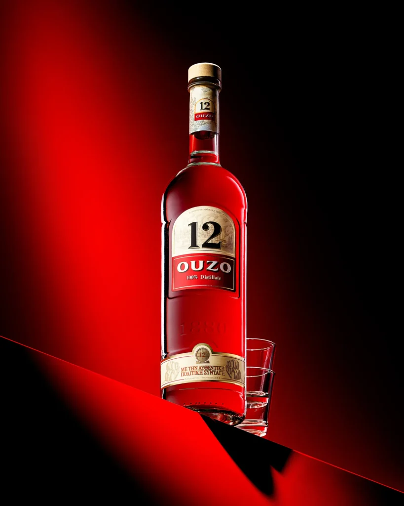 Tall aniseed spirit bottle and glass on a red and black diagonal