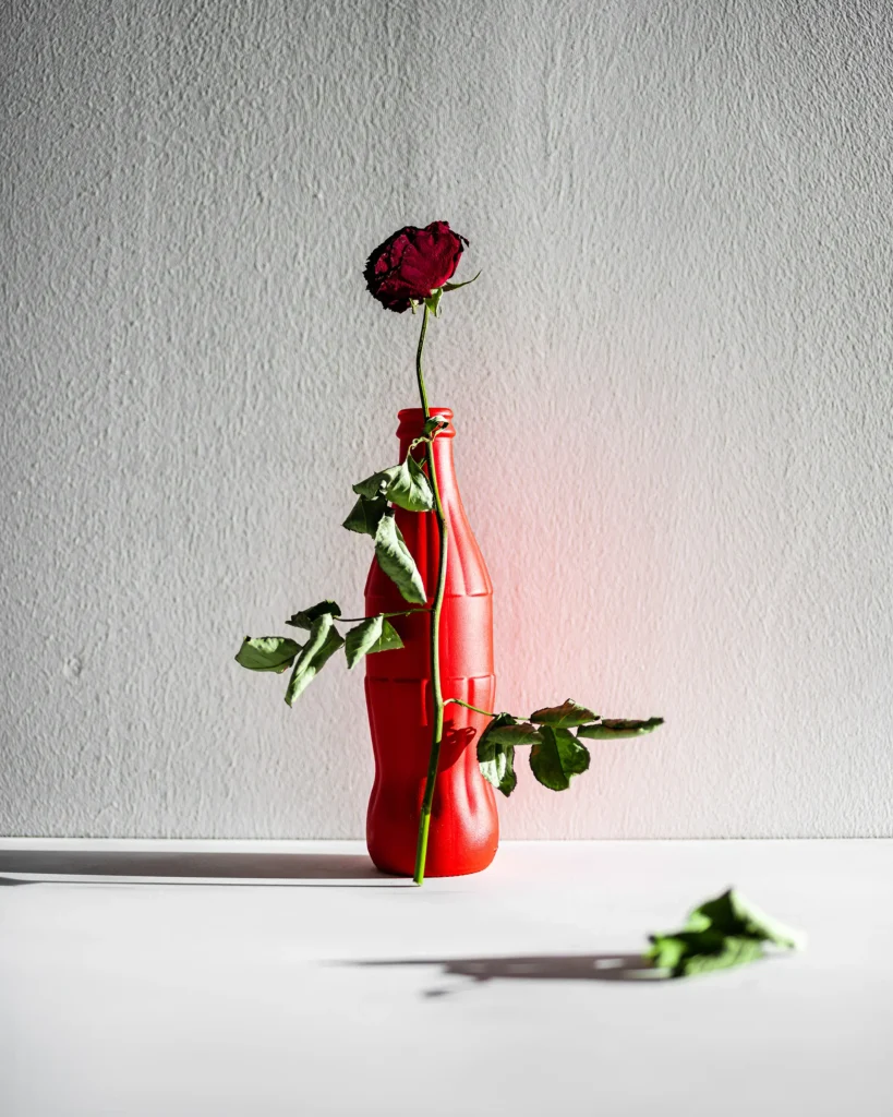 Red bottle holding a single rose against a grey wall