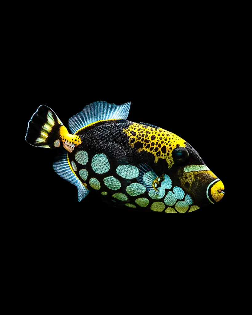 Clown triggerfish in yellow, blue and black on a dark ground