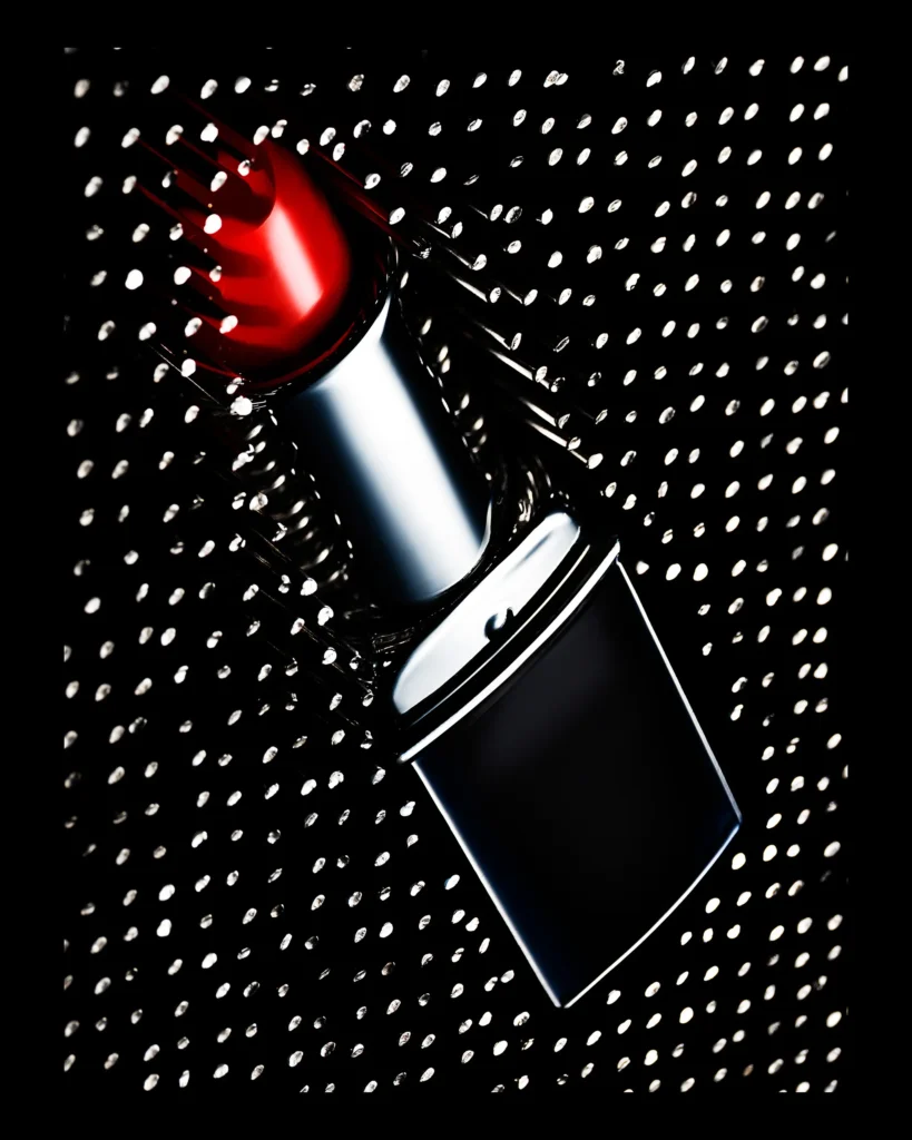 Red lipstick and black compact suspended over a perforated panel