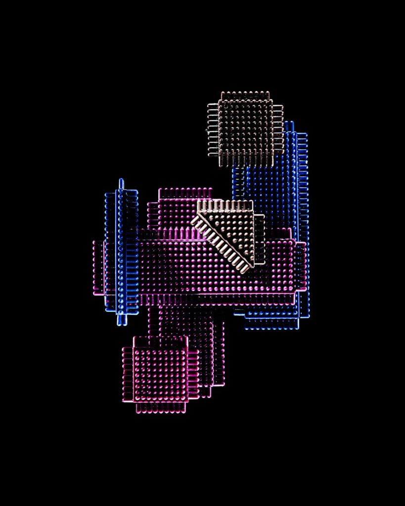 Blue and magenta bristle blocks layered on black