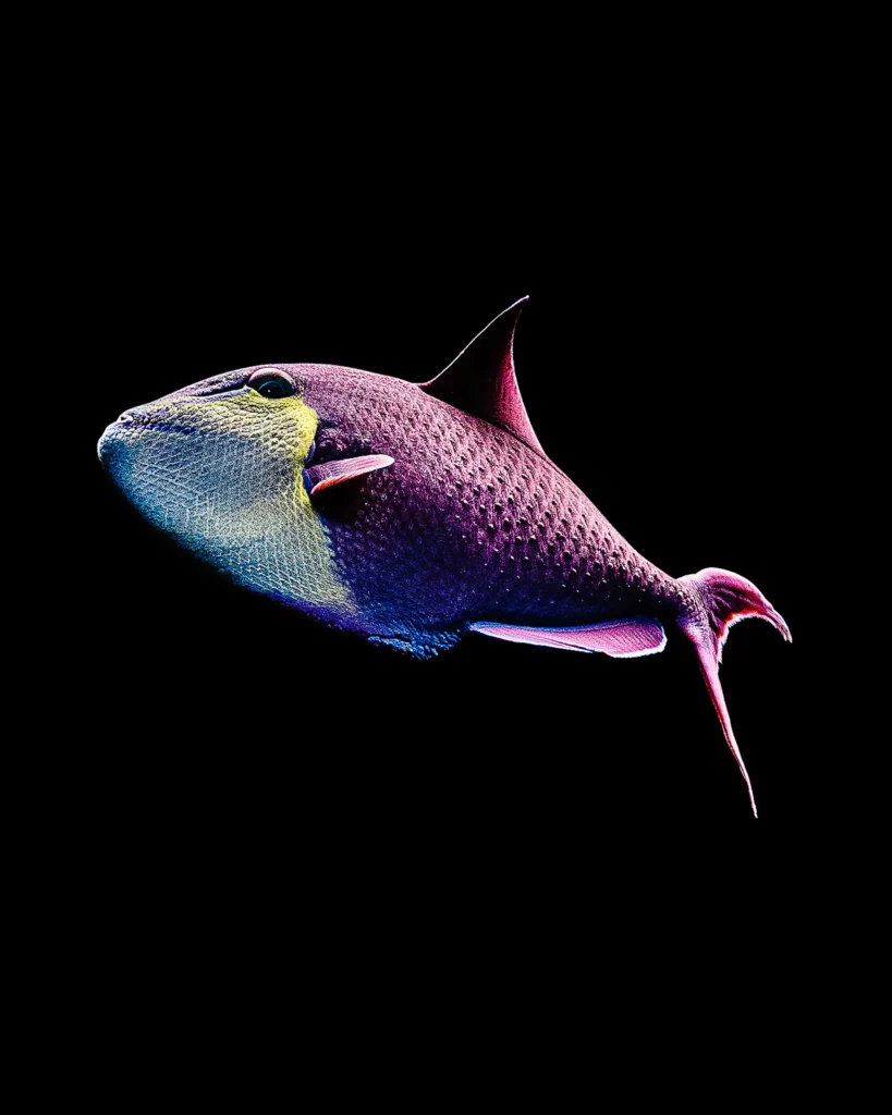 Purple and blue triggerfish with a trailing tail fin on black