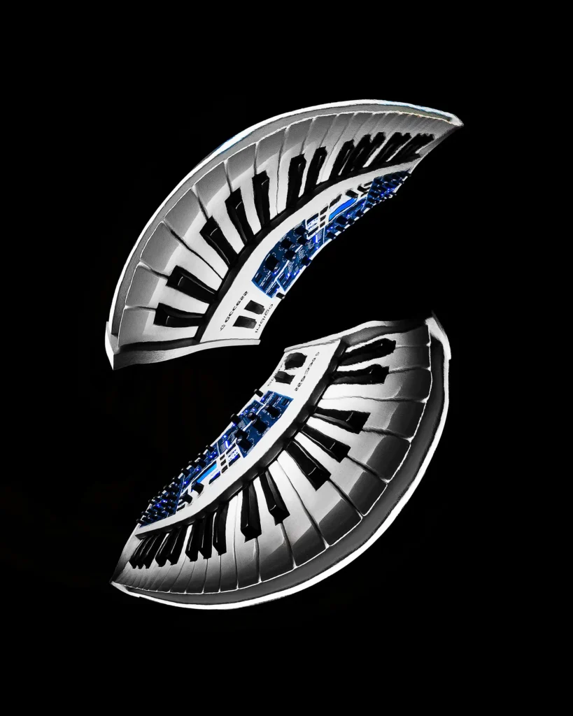 Watch bezel split into two curved halves on black