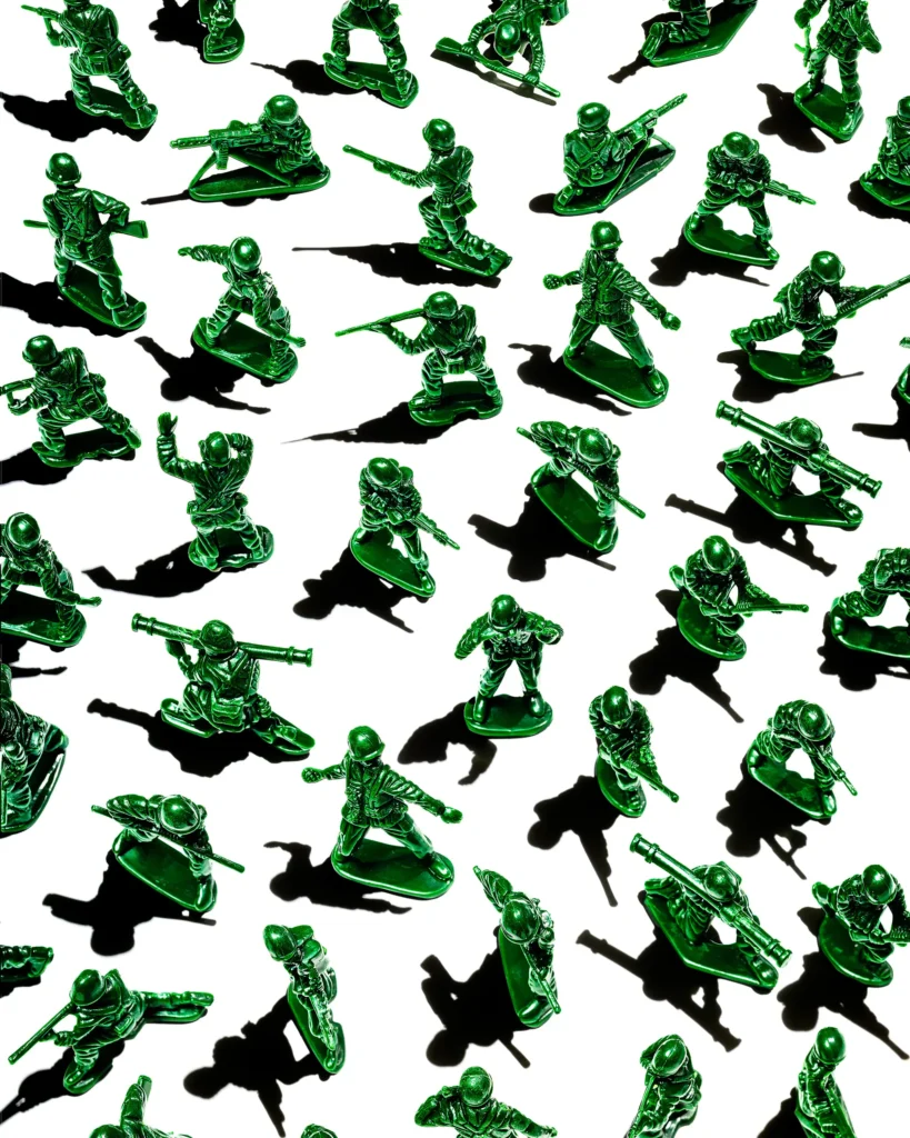 Repeating pattern of green plastic toy soldiers on white