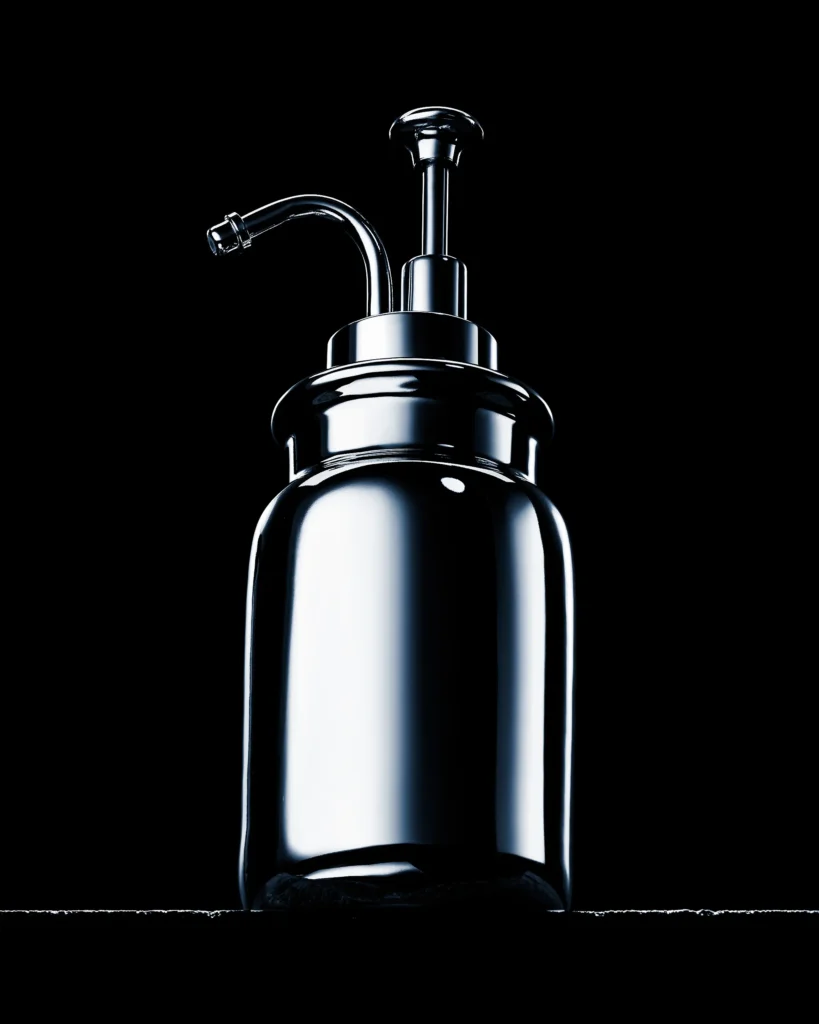 Chrome pump dispenser lit as a silhouette on black