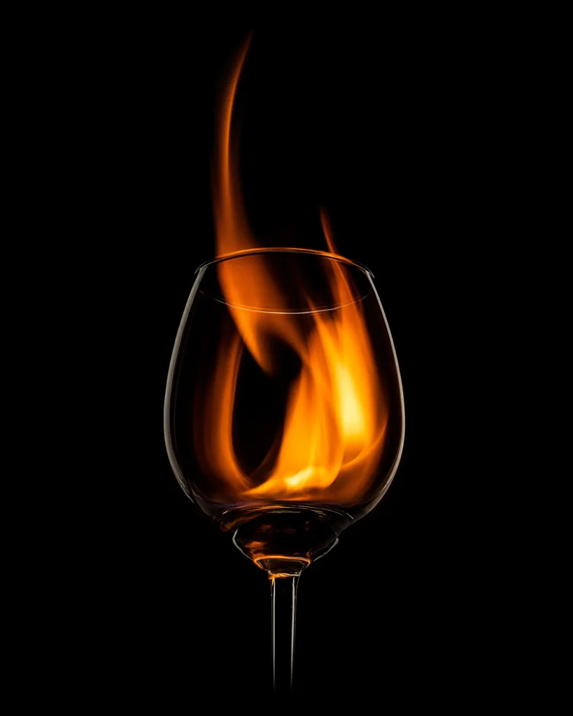 Wine glass filled with flame on black