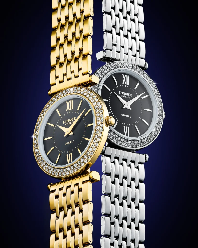 Gold and silver dress watches with stone-set bezels
