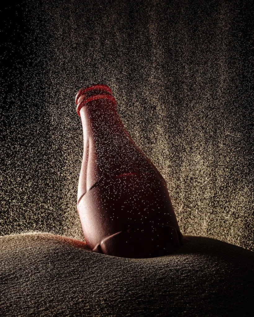Dark bottle half-buried in sand under falling grit