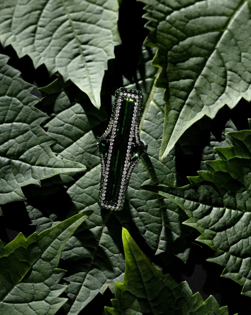 Emerald and diamond brooch laid on dark green leaves (unretouched original)